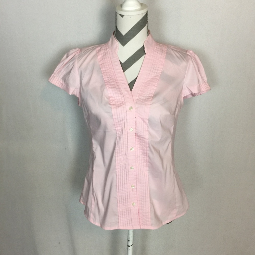 New Express Pink Blouse V Neck Ruched Short Sleeve